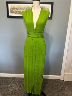Plunging V-Neck Lime Green Maxi Dress with Elastic Waist and high side slits !